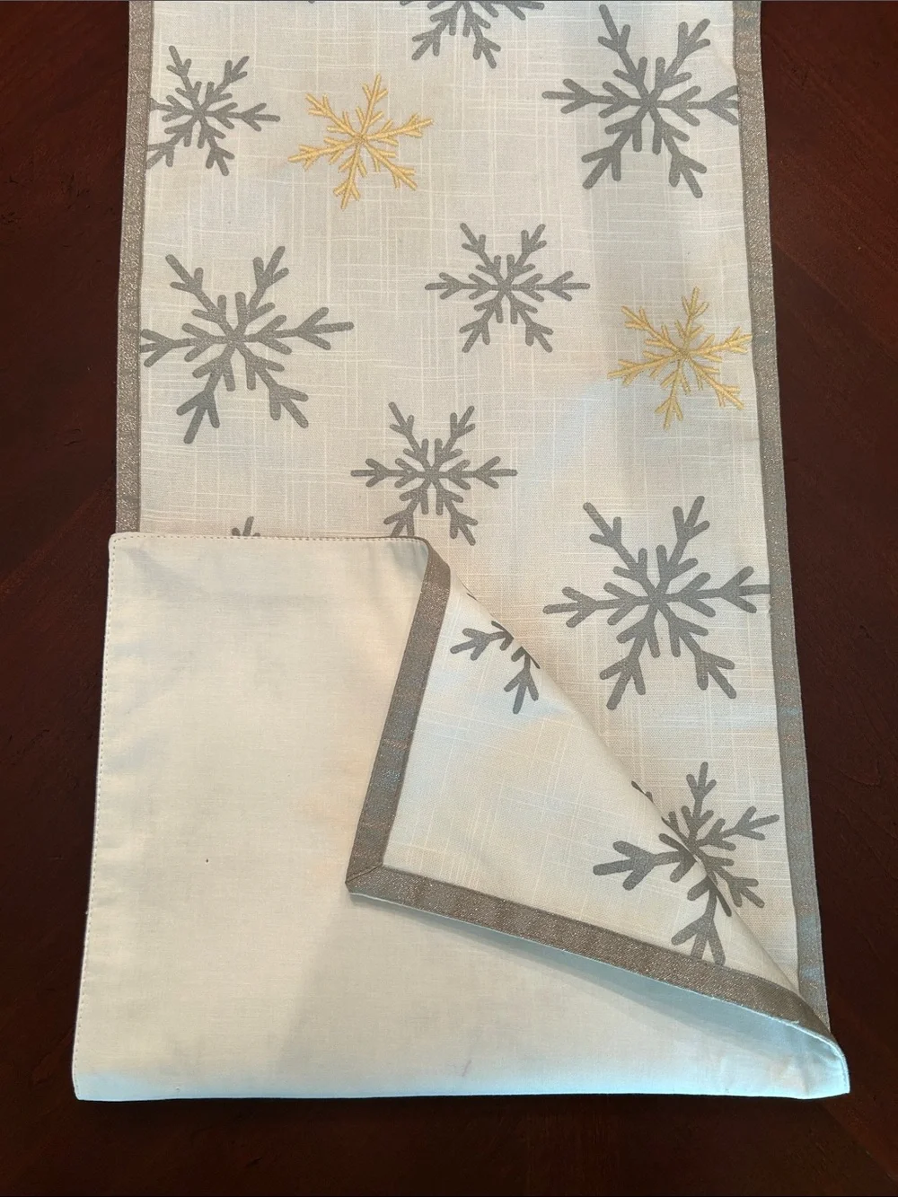 White Table Runner with Gray and Gold Snowflakes and gray Trim 14”x70”